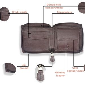 Genuine Leather Zip Around Mens Wallet Brown